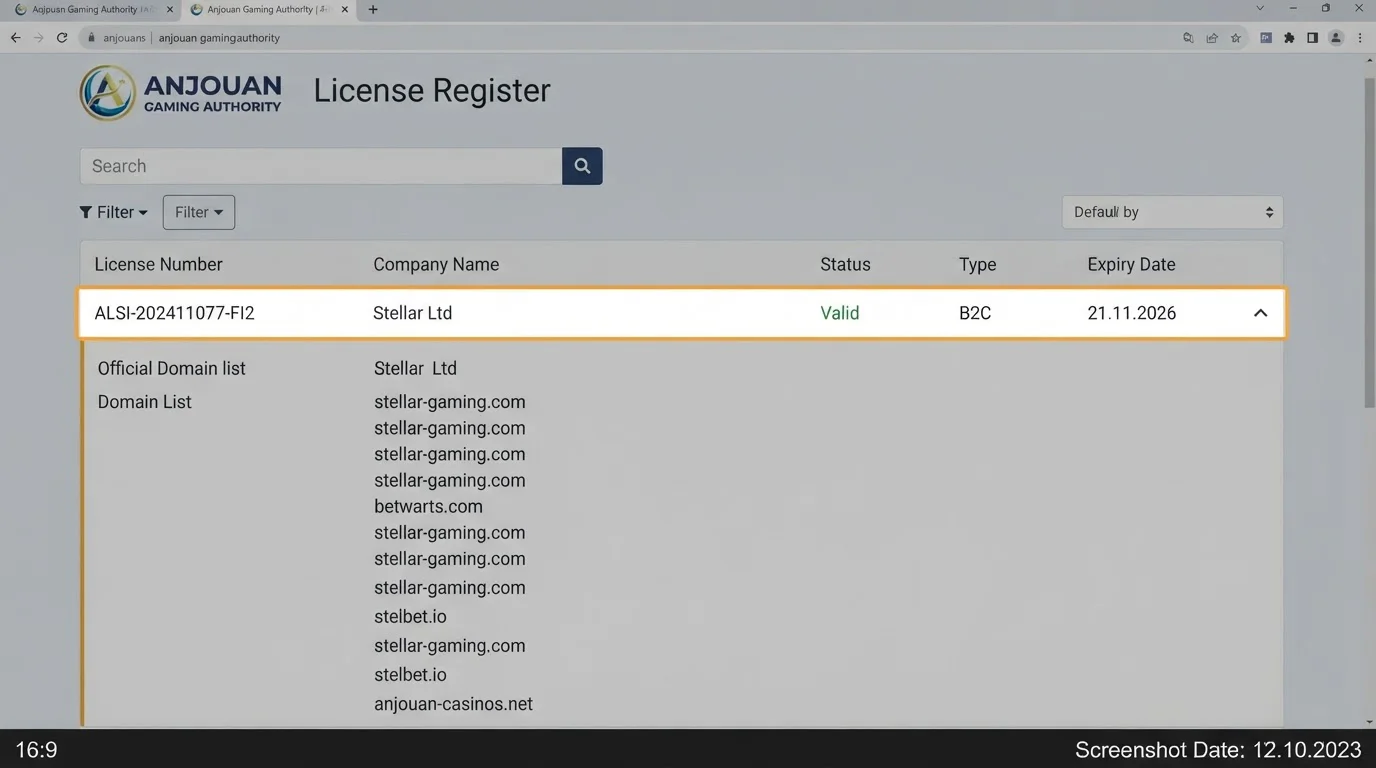 Offizieller Anjouan-Registereintrag mit Stellar Ltd, Lizenznummer und Domainliste