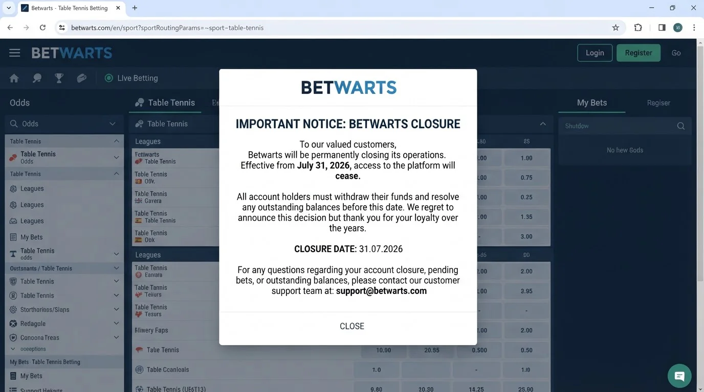 Offizieller Betwarts Schließungshinweis mit Datum 31.07.2026 und Supportkontakt