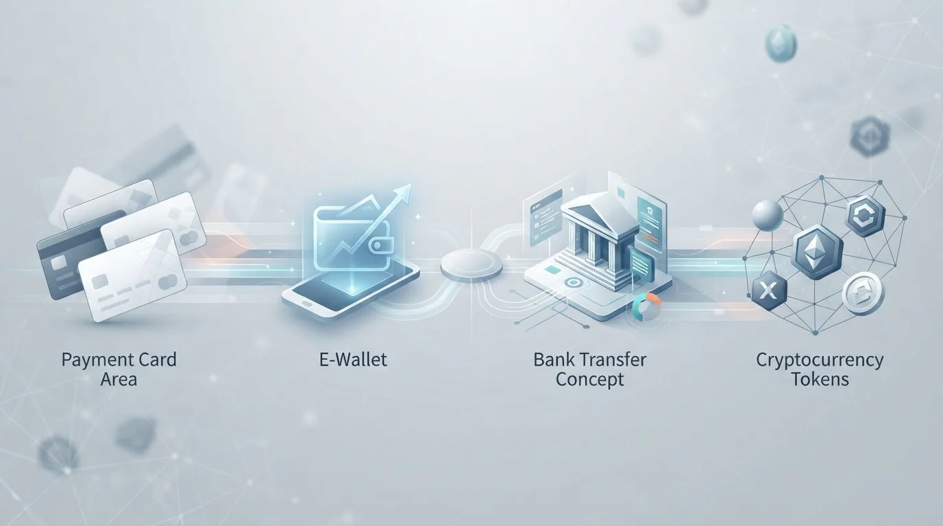 Neutrale Illustration von Karten, E-Wallet, Banküberweisung und Kryptowährungen als historische Betwarts Zahlungskategorien