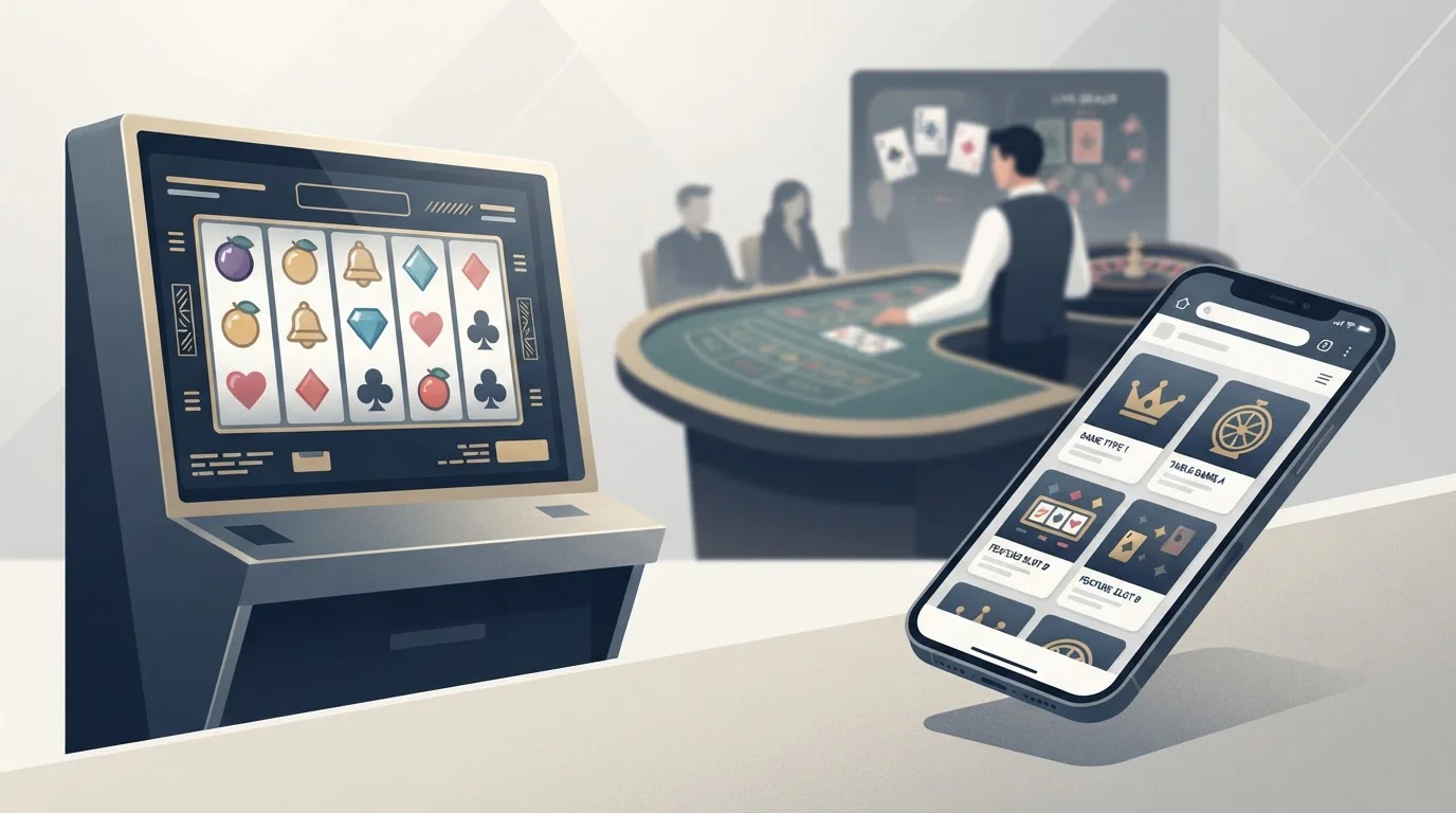 Generische redaktionelle Collage aus Spielautomaten, Live-Dealer-Tisch und mobilem Browser ohne Betwarts-Logo oder echte Spieloberfläche