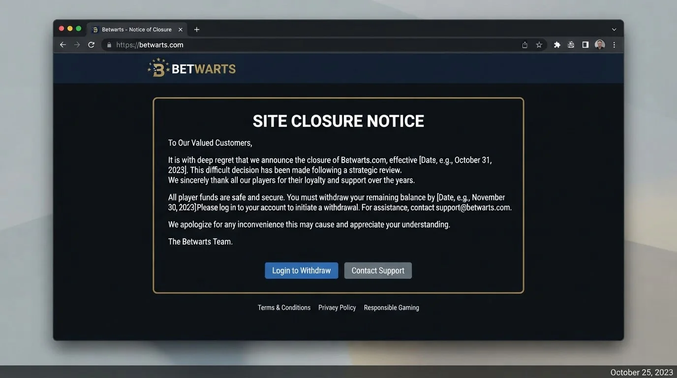 Offizielle Betwarts Website mit sichtbarer Domain betwarts.com und Schließungshinweis