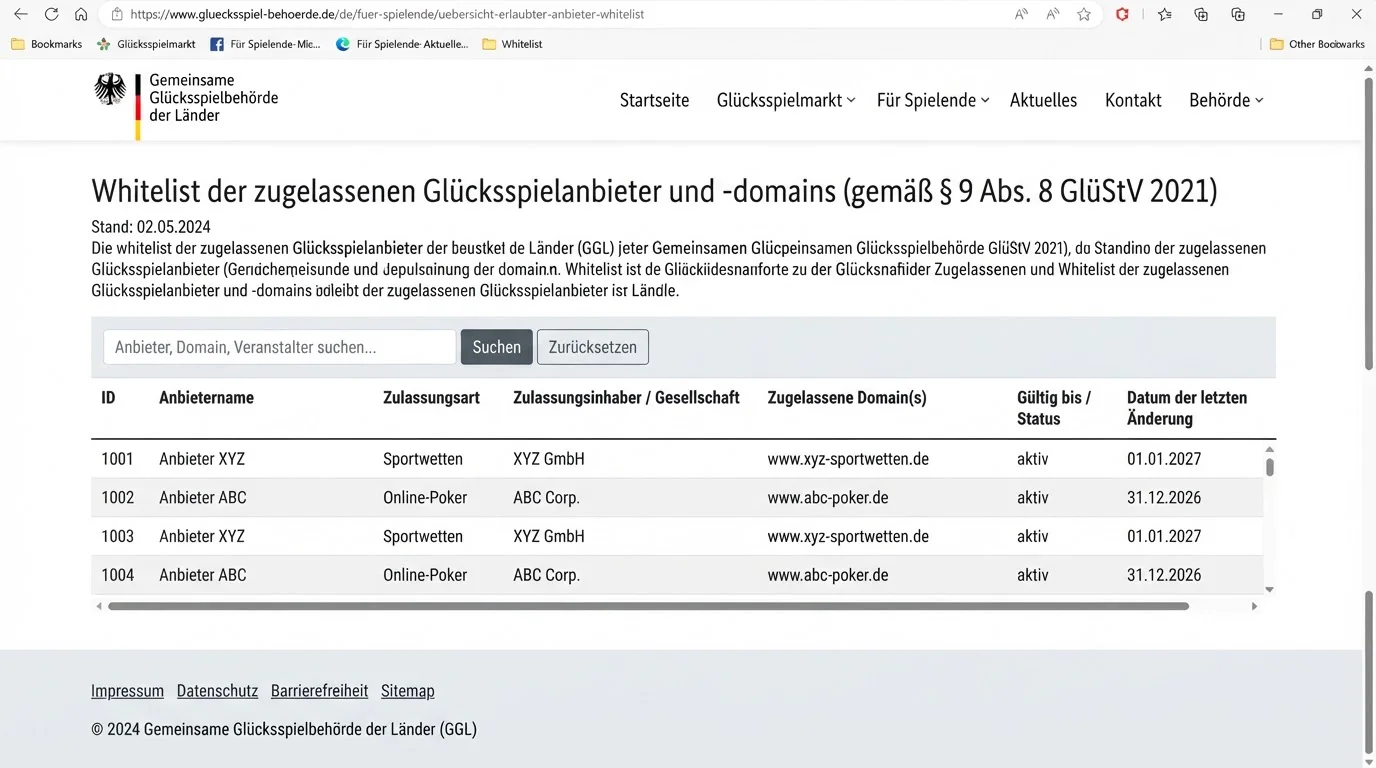 Amtliche GGL-Whitelist für erlaubte Glücksspielanbieter